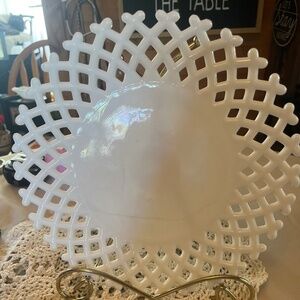 Vintage Westmoreland Milk Glass Lattice Edge Plate Hand Painted Flowers 10.5